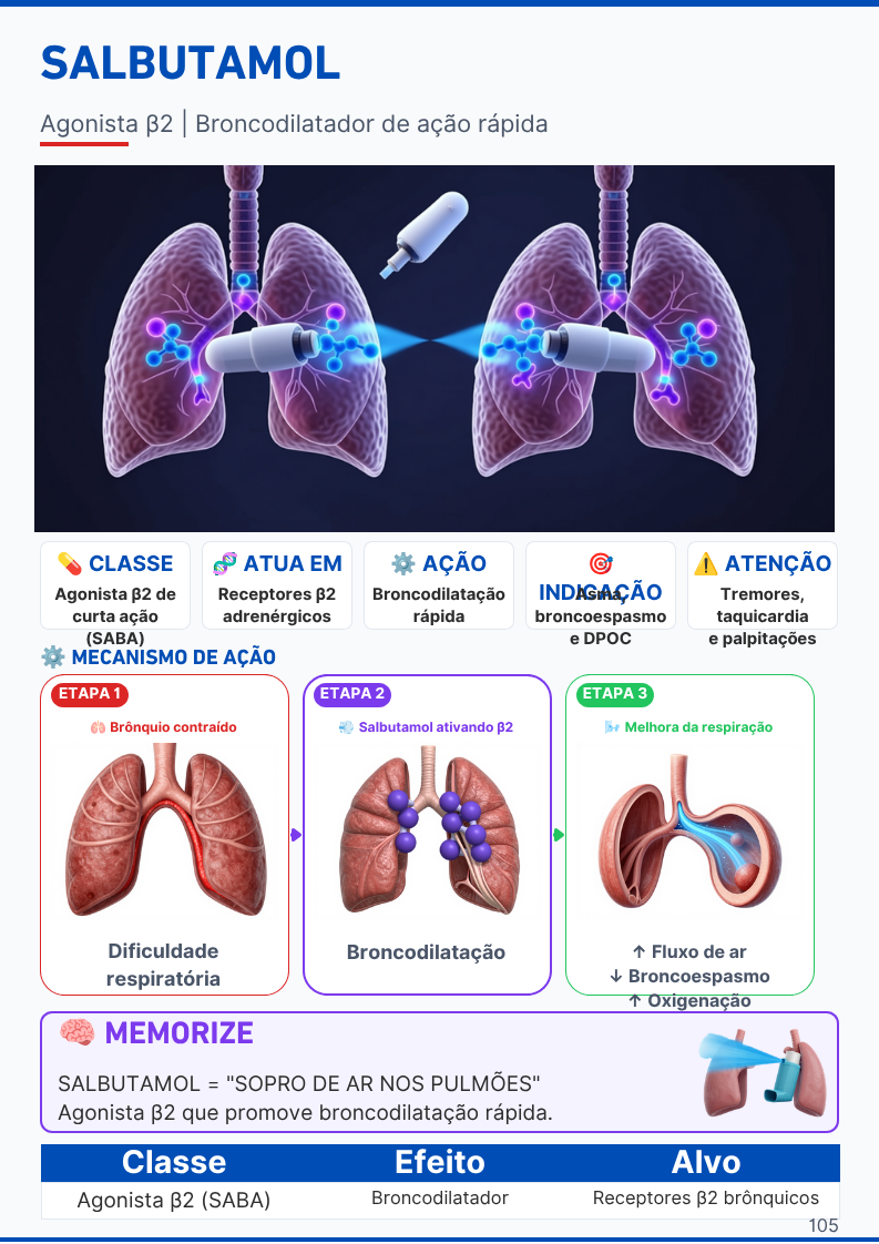 Página do medicamento Salbutamol com mecanismo de ação ilustrado